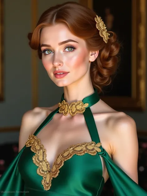 A beautiful young woman with golden brown hair in a curly updo secured by a gold scallop shaped comb and pale green eyes. She wears a emerald green silk gown with a halter neck and gold embroidery around the bodice and detached sleeves that drape around th...