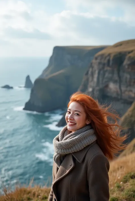 A serene scene of a woman standing near a dramatic coastline, with rugged cliffs and a vast ocean stretching into the horizon. The woman, with red hair flowing in the wind, wears a thick scarf and a coat, smiling peacefully as she enjoys the natural beauty...