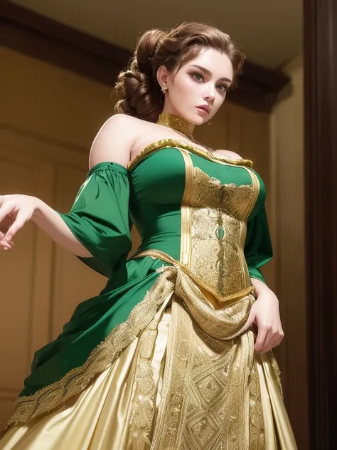 A beautiful young woman with golden brown hair in a curly updo secured by a gold scallop shaped comb and pale green eyes. She wears a emerald green silk gown with a halter neck and gold embroidery around the bodice and detached sleeves that drape around th...