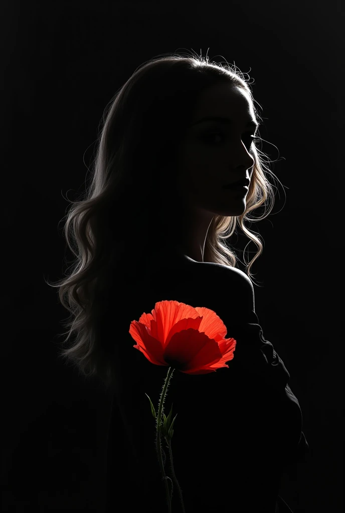 Create a drawing for painting a silhouette of a woman with wavy hair down to her shoulder, with a black background and a poppy in the middle of the drawing