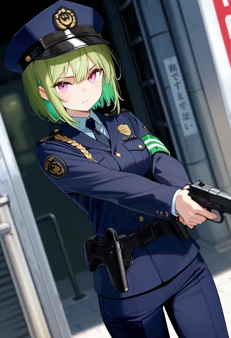 score_9,score_8_up,score_7_up,rating_safety,source_manga,masterpiece,best quality,hyper detailed,super fine illustration,8k,cinematic angle,BREAK 1woman,26yo,police cap,yellow and green hair,pink eyes,(small breast:0.7),police uniform,holding_handgun,stand...