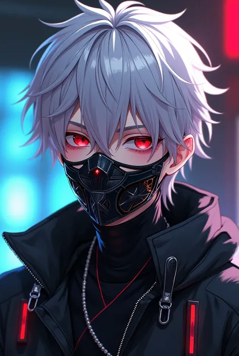 Gender is Male, Man, He,Him
Age is 16
Hair color is white
Eye color is Red
Always wearing a black metal mask, Anime art style.