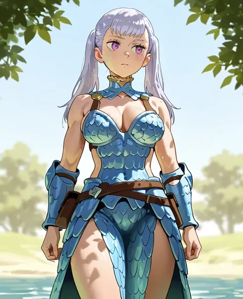 Noelle Silva, water armor , blue colored armor,  very short armor , armour shape :  leaves the upper part of the breasts showing ,  has scales at the bottom of the breasts ,  a covered belly and an exposed back ,  at the waist there are small laces ,  on t...