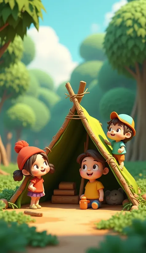 Create 3D Cartoon Image 3. Setting Up Camp – They find a spot to set up their shelter using leaves, wood, and ropes. How do they work together?
