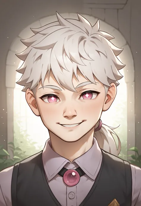 Masterpiece, Best Quality, Ultra-Detailed, 1boy, young, ager, skinny, pale skin, white hair, ponytail, magenta pupils, bright pupils, very beautiful and detailed eyes, very detailed eyes, vest, black vest, purple shirt, pink details on the vest, white deta...