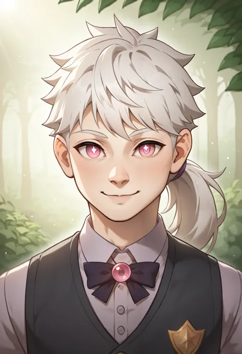 Masterpiece, Best Quality, Ultra-Detailed, 1boy, young, ager, skinny, pale skin, white hair, ponytail, magenta pupils, bright pupils, very beautiful and detailed eyes, very detailed eyes, vest, black vest, purple shirt, pink details on the vest, white deta...