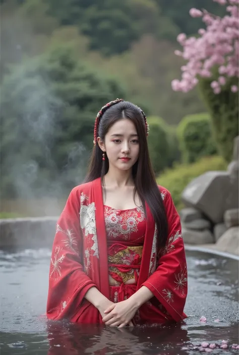 high definition professional photography stylem,natural skin texture.A Korean model with long hair relaxing in a serene hot spring, elegantly dressed in a striking red yukata. The yukata is adorned with beautiful floral patterns that enhance the tranquil a...