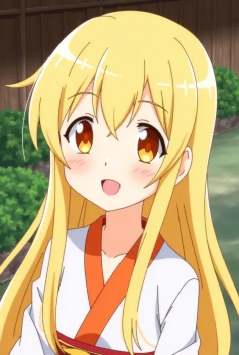 Screencap anime Genshin Impact, female adult with long straight hair, with bangs, blonde hair, eyelashes colored blonde, orange eyes, light pink lips, natural makeup, smile, a wearing white/orange red kimono, in a hut at the bottom of the garden background