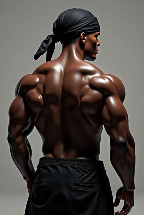 Black men musclé de dos torse nu avec durag noir