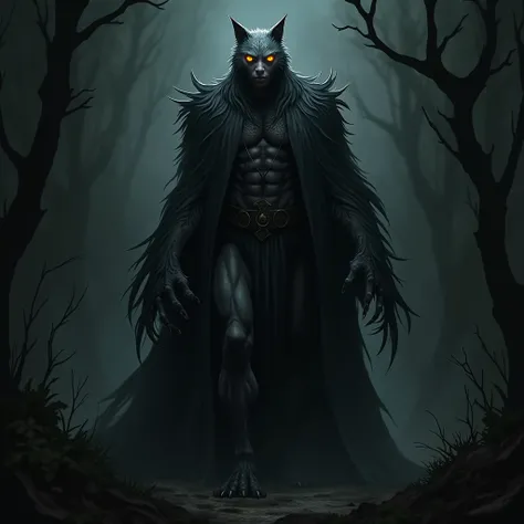 An African vampire with the yellow eyes of a wolf, semi-beastly features , dark greyish black skin,  covered in twisted scars