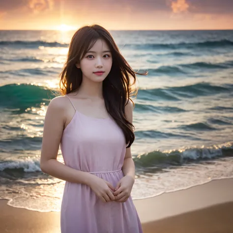 (masterpiece, best quality, ultra-detailed, photorealistic, 8K, hyper realistic skin, soft lighting, cinematic shot, HDR, volumetric lighting, ray tracing)  

A beautiful young girl with long, flowing brown hair and gentle brown eyes, standing on the beach...