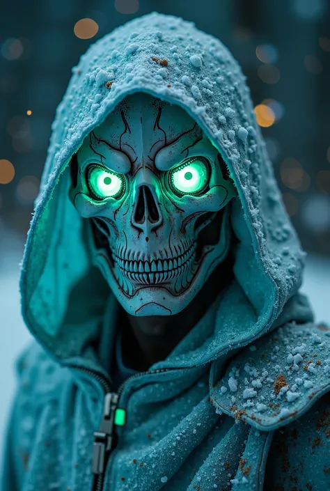 Terrifying cinematic science fiction photo of a portrait of a non human futuristic masked white, blue and green neon mythical freak dressed as a freak leather sharp fingers futuristic mask mythical freak dressed as a futuristic dirty freak glowing white, b...