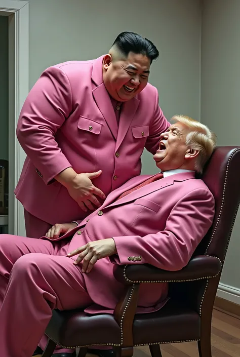 Kim young un spanking Donald trump. Trump is sitting on a chair and is tied. Kim young un has a smirk on his face and has a pink bodysuit on. 