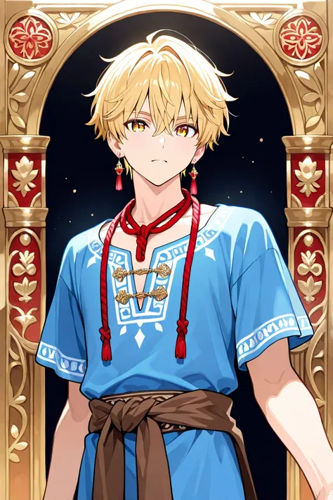 MASTERPIECE, BEST QUALITY, ULTRA DETAILED, HIGH DEFINITION, ILLUSTRATION, INTRICATE DETAILS, HYPER DETAILED, 1boy, blond, golden eyes, medium-short hair, white traditional Arabic clothing with a brown sash around the waist, blue tunic, red earrings, red ro...