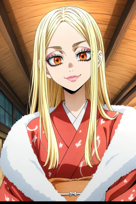 Screencap anime Tokyo Revengers, female adult with long straight hair, with bangs, blonde hair, eyelashes colored blonde, orange eyes, light pink lips, natural makeup, smile, a wearing white/orange red kimono, in a hut at the bottom of the garden backgroun...