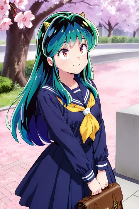 Spring, rows of cherry trees, Urusei Yatsura Ram-chan, red eyes, blue eye shadow, dark green waist-length hair, 1 cm triangular horn on the side of the head, navy blue sailor suit, bag in left hand, looking up at cherry blossoms, smiling and posing.