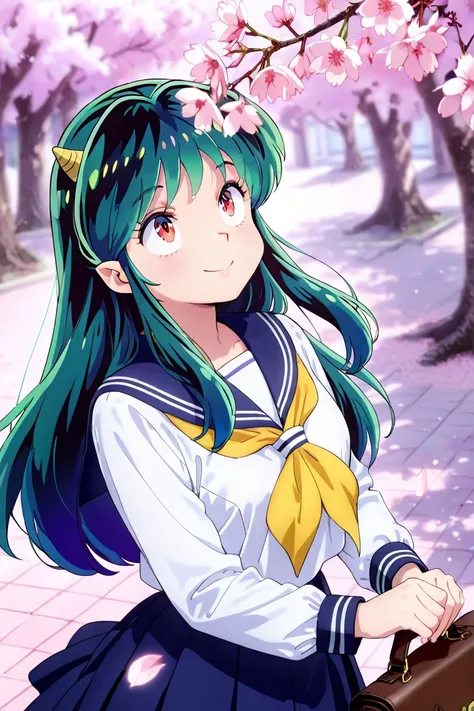 Spring, rows of cherry trees, Urusei Yatsura Ram-chan, red eyes, blue eye shadow, dark green waist-length hair, 1 cm triangular horn on the side of the head, navy blue sailor suit, bag in left hand, looking up at cherry blossoms, smiling and posing.