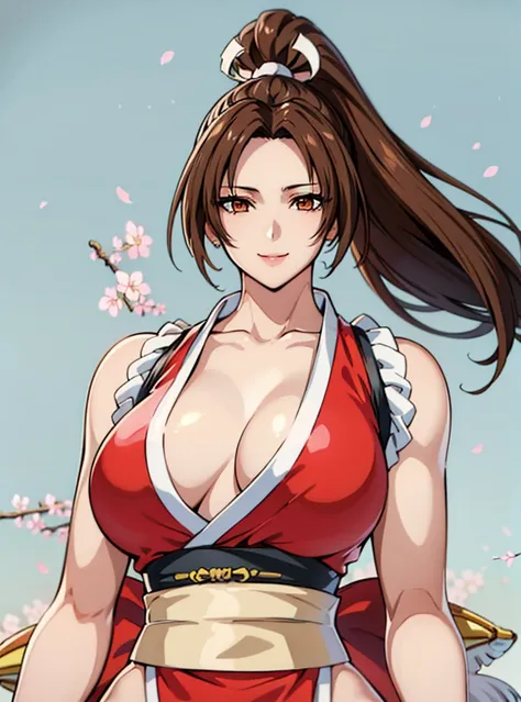 Close-up portrait of a woman in a red costume 、 holding a sword ,  Mai Shiranuhi  ,  Kunoichi, Matsugane Yoshiko as Mai Shiranui ,  Fighting Game Characters,  King of Fighters キャラクター, Akali, Tifa,  Fascinating Anime ,  very well detailedなアートジェム,  Female an...