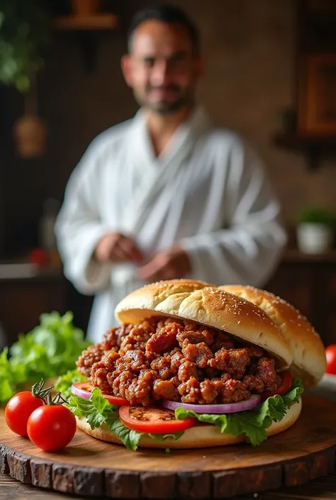 (( white bathrobe)), (( masterpiece)), (detailed) turkish meat bread advertising image with Vietnamese bread image, pork doner kebab, vegetable salad, tomatoes in red tones, creates appetite when you look ( no people, full frame image)