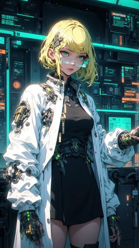  4K Anime Style Quality ， Digital Drawing Mode ， A Cool and Smart Scientist ， Golden Short Hair and Sharp Green Eyes ， wearing white lab coat and black dress， Standing in Control Room ， Data screen reflected from her glasses ，whole body， Professional and c...