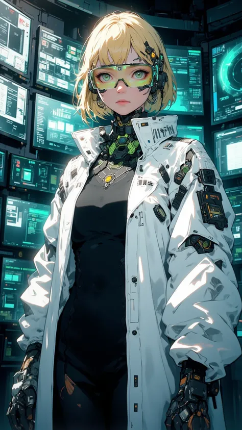  4K Anime Style Quality ， Digital Drawing Mode ， A Cool and Smart Scientist ， Golden Short Hair and Sharp Green Eyes ， wearing white lab coat and black dress， Standing in Control Room ， Data screen reflected from her glasses ，whole body， Professional and c...