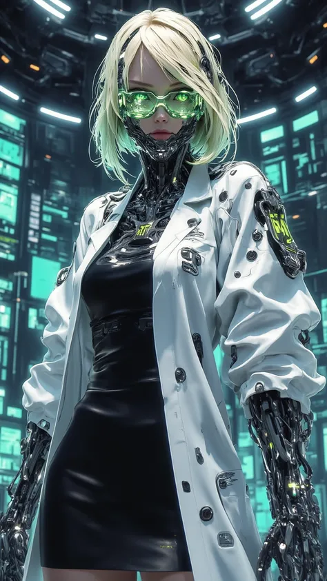  4K Anime Style Quality ， Digital Drawing Mode ， A Cool and Smart Scientist ， Golden Short Hair and Sharp Green Eyes ， wearing white lab coat and black dress， Standing in Control Room ， Data screen reflected from her glasses ，whole body， Professional and c...