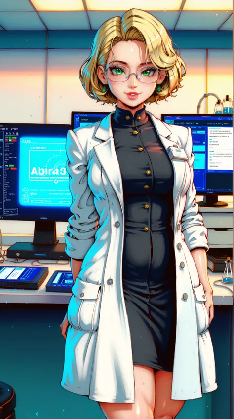  4K Anime Style Quality ， Digital Drawing Mode ， A Cool and Smart Scientist ， Golden Short Hair and Sharp Green Eyes ， wearing white lab coat and black dress， Standing in Control Room ， Data screen reflected from her glasses ，whole body， Professional and c...