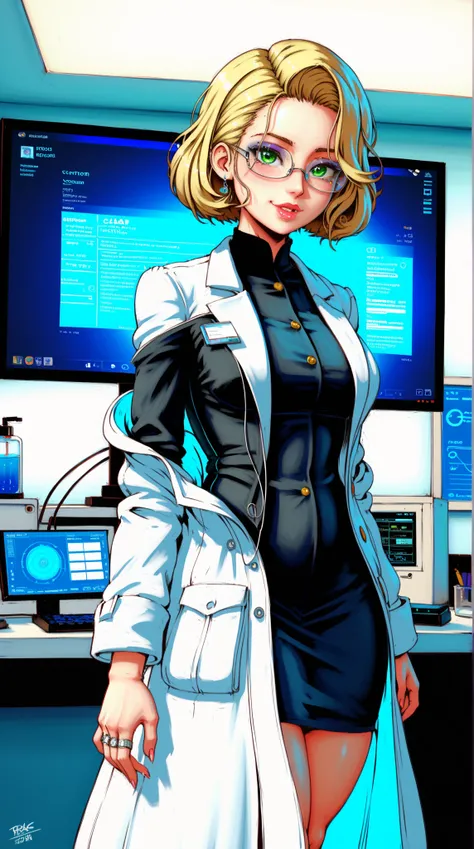  4K Anime Style Quality ， Digital Drawing Mode ， A Cool and Smart Scientist ， Golden Short Hair and Sharp Green Eyes ， wearing white lab coat and black dress， Standing in Control Room ， Data screen reflected from her glasses ，whole body， Professional and c...