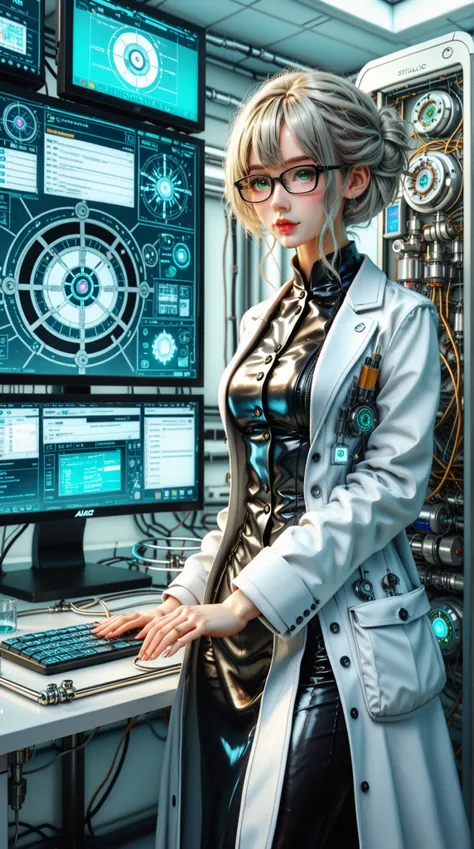  4K Anime Style Quality ， Digital Drawing Mode ， A Cool and Smart Scientist ， Golden Short Hair and Sharp Green Eyes ， wearing white lab coat and black dress， Standing in Control Room ， Data screen reflected from her glasses ，whole body， Professional and c...