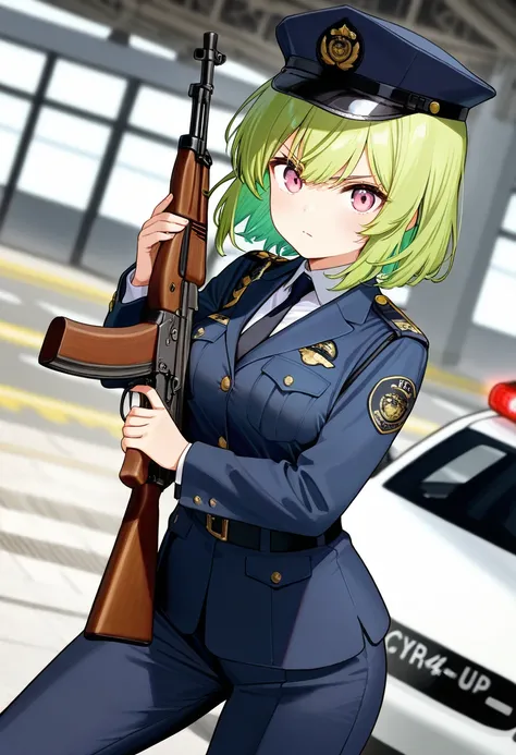 score_9,score_8_up,score_7_up,rating_safety,source_manga,masterpiece,best quality,hyper detailed,super fine illustration,8k,cinematic angle,from front,BREAK 1woman,26yo,solo,police cap,yellow and green hair,pink eyes,(small breast:0.7),(police uniform,suit...