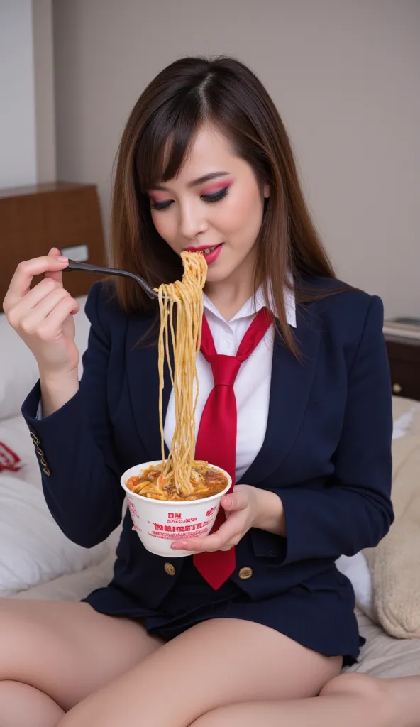 ((  top quality )), (( masterpiece)), (  Details),  girl, ( from above:1.3)。（ Japanese high school girl eating cup ramen in her room:1.3）、 sitting in bed、( cowboy shooting、  top quality 、8k、  Award-winning work  、  Ultra High Resolution )、（ scooping up noo...