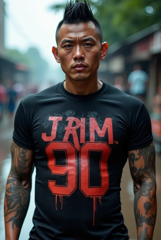  High Quality Photos  , 3D 8K,  ถ่ายด้วยThe camera คุณภาพสูงที่สุด , The camera , Fuji Camera , ,  using the highest quality and most fashionable film. ,ภาพและสีที่ Realistic , Round Faced Asian Man,Short mohawk hair, Got a Yakuza tattoo , Wear a tight-fit...