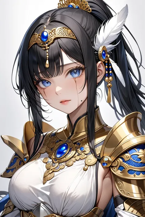 MASTERPIECE, BEST QUALITY, ULTRA DETAILED, HIGH DEFINITION, ILLUSTRATION, INTRICATE DETAILS, HYPER DETAILED, 1girl, slender, medium-large breasts, long black hair, blue eyes, mole on chin, head accessory: metal headband with ponytail crests framing her fac...