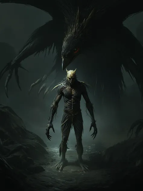 Bizarre surrealism, dark art style, figure, huge bird