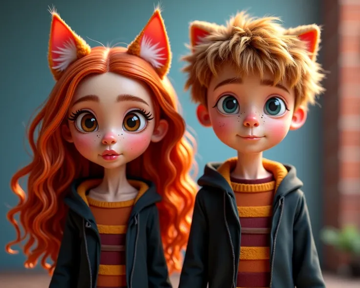 2d pixar

1 girl - feminine, long ginger hair, curly hair, brown wide eyes, ginger cat ears, gryffindor robe, facing forward

1 guy -  masculine, cat ears, short hair, dirty blonde hair, narrow eyes, blue eyes, smirk, gryffindor robe, facing forward

Color...