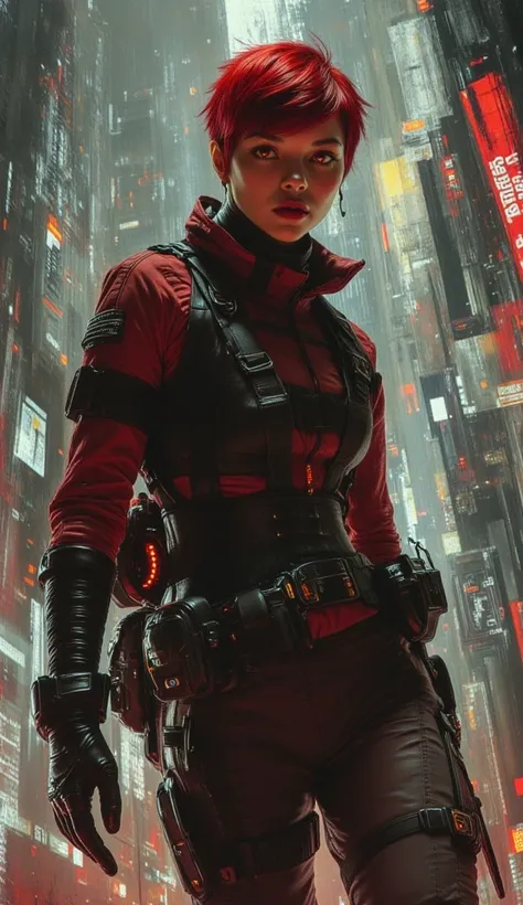 "Scarlet Spy in a Shifting Cityscape": A dynamic abstract painting depicts a spy, with a blend of stealth and an air of intrigue. She is a skilled operative, shown amidst a city where the buildings seem to shift and change, with tanned features, short, vib...