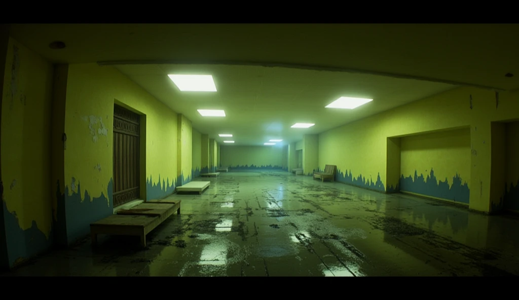 Ultra-detailed surreal liminal space, endless eerie abandoned cityscape, backrooms aesthetic, dim fluorescent lighting flickering, decaying yellow-green walls, endless empty corridors merging with deserted streets, wet reflective floors, peeling paint, sca...