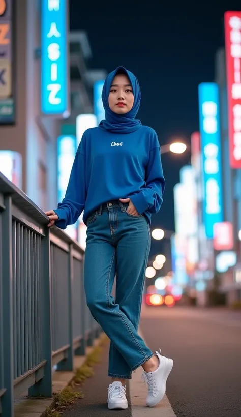 A beautiful Korean woman with blue hijab, trendy stylish clothes, switer and jeans, white shoes, random pose, standing, on an iron fence on a Japanese street, you can see skyscrapers, night, photoshoot