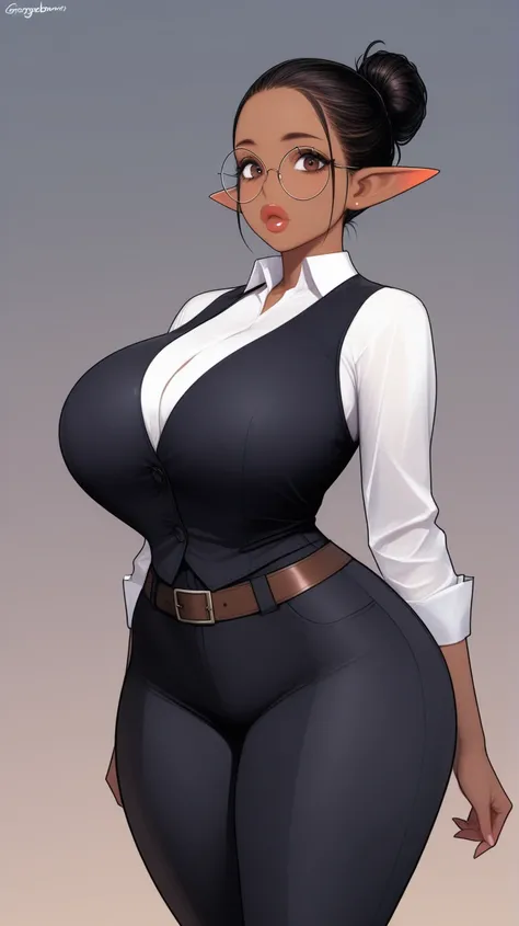 Gorgeous woman, elf, big lips, long ears, big eyes, brown eyes, hair bun, large breasts, large thighs, narrow waist, white shirt, black vest, black pants, brown belt, round glasses, dark skin,