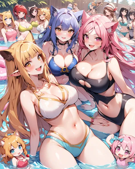 Score_9, score_8_up, score_7_up, score_6_up, source_Anime, high detailed, monster girls, plus-sized, Large breasts, curvy body, striped swinsuit, background is a pool-party on the backyard, Strawberry Yogurt pool (instead of water, there's a Strawberry Yog...