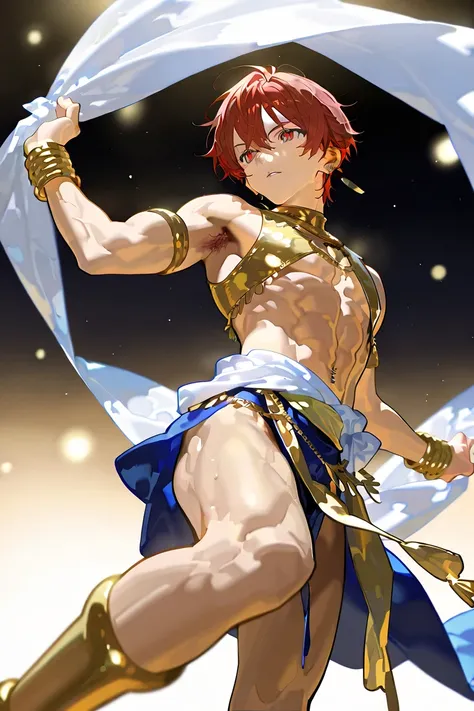 MASTERPIECE, BEST QUALITY, ULTRA DETAILED, HIGH DEFINITION, ILLUSTRATION, INTRINCATED DETAILS, HYPER DETAILED, 1boy, toned, red hair, short hair, red eyes. Attire: Arabian outfit, piercing in his lower lip, gold armor covering his chest, with a sash around...