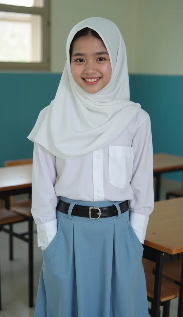 RAW, (NSFW). beautiful and cute Indonesian school girl wearing ( (white soft large hijab pashmina covering her black hair), (white long sleeves tight indonesian high school uniform shirt), (shirt pocket on the left breast), (perfect body), (large and round...