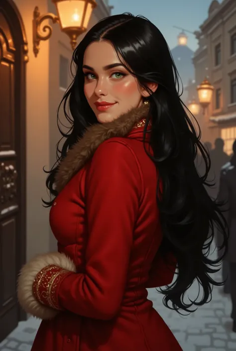 A illustration in the rimixa style. Visualize a striking, elegant 38 year old russian woman with timeless beauty and a poised demeanor, embodying classic Russian allure. Her high cheekbones, pale porcelain skin, and deep, almond-shaped emerald-green eyes t...