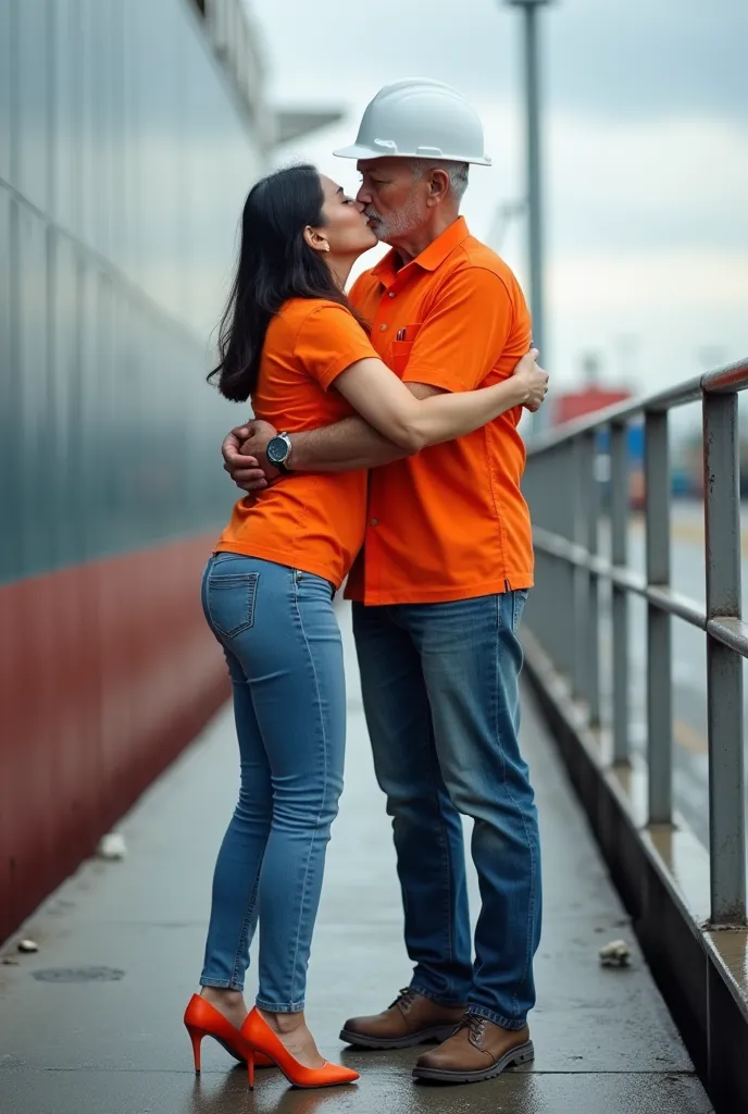 Full Body Photo. Standing in their full height from head to toe. Accurate. A Chinese woman is hugging and kissing his white caucasian old man husband as he disembarks on the ship. The white caucasian old man is a marine engineer. They are hugging in land. ...