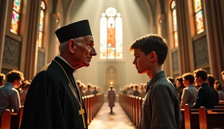 "A  boy and a 70-year-old Christian priest stand face-to-face inside a grand church during daytime, engaged in a serious conversation. The priest has a stern, aged face with deep wrinkles and wears a traditional Christian cap. His expression is intense, wh...