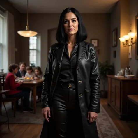 Realistic HDR noisy picture of a 49 year old woman, she smirks with subtle smile, pitch black longer bob cut, she is wearing a long black leather cardigan that fall to the ground, leather pants and leather button up shirt, leather has rough and very much v...