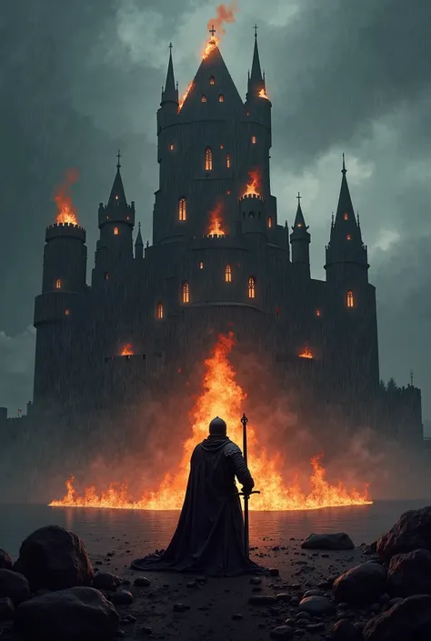 I want to generate an image of a medieval warrior with his sword ,  that kneels in front of an imposing burning castle ,  with its tall towers and stone walls ,  Surrounded by s.  The dark and gray sky with lots of rain conveys a sense of sadness and conte...