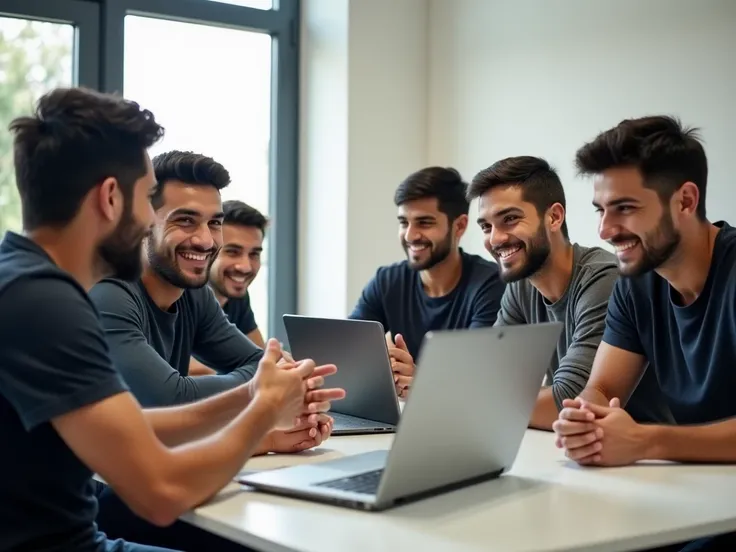 ‎انتج A picture of a group of young Libyan males smiling and sitting in a technical training room while moving their hands in the interview. Some of them sit focused on working on a laptop in front of them
It is clear to them that they are from Libya 
