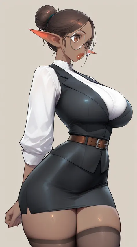 Gorgeous woman, elf, big lips, long ears, big eyes, brown eyes, hair bun, large breasts, large thighs, narrow waist, white shirt, black vest, black pencil skirt, black stockings, brown belt, round glasses, dark skin, 