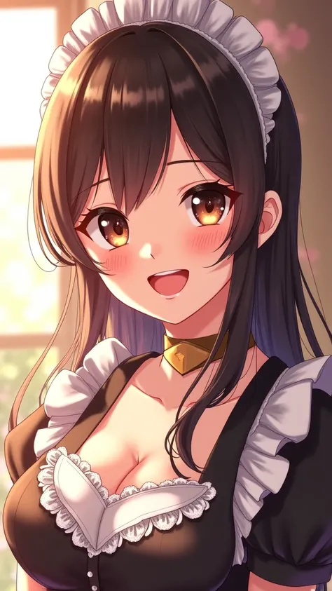  smile, Exactly,  Anatomically correct,  lens reflection , Gegenlicht,  brown hair,  hair over shoulder, Make-up, Anime Style, maid outfit, maidcafe